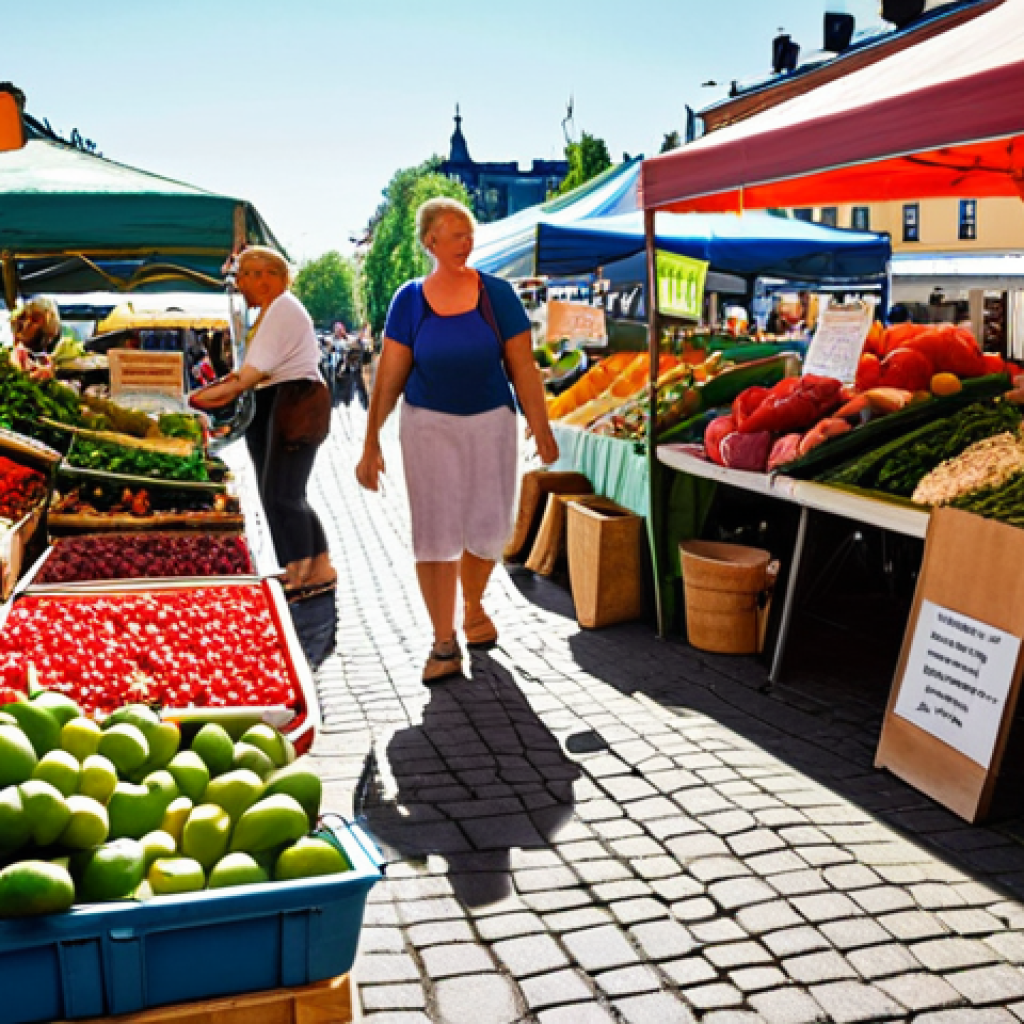 ** A vibrant farmer's market scene in Stockholm during the summer. Focus on the colorful displays of fresh produce: berries, root vegetables, and herbs. A person is carefully selecting ingredients, with a warm, inviting expression, suggesting a joyful experience of cooking. Sunlight filters through the market stalls, creating a sense of abundance and local connection.

**