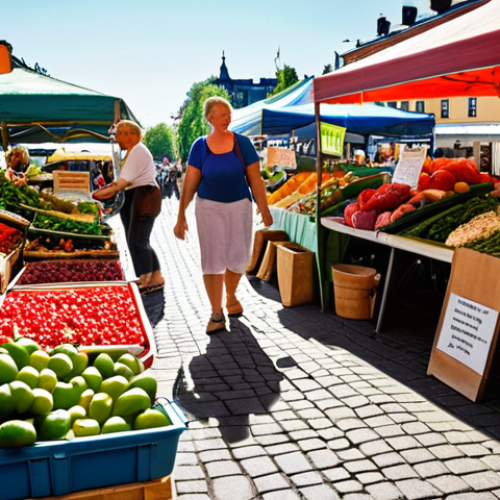 Home 11 ** A vibrant farmer's market scene in Stockholm during the summer. Focus on the colorful displays of fresh produce: berries, root vegetables, and herbs. A person is carefully selecting ingredients, with a warm, inviting expression, suggesting a joyful experience of cooking. Sunlight filters through the market stalls, creating a sense of abundance and local connection.
**