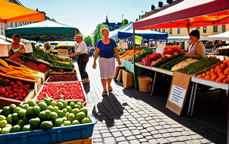 ** A vibrant farmer's market scene in Stockholm during the summer. Focus on the colorful displays of fresh produce: berries, root vegetables, and herbs. A person is carefully selecting ingredients, with a warm, inviting expression, suggesting a joyful experience of cooking. Sunlight filters through the market stalls, creating a sense of abundance and local connection.
**