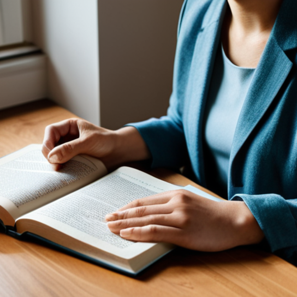 A professional individual, fully clothed in modest, comfortable attire, sitting peacefully at a clean, uncluttered wooden desk. They are holding a physical book, with a warm cup of tea beside them. Soft, natural light streams in from a window, illuminating a calm, minimalist home office. The atmosphere is serene, emphasizing quiet contemplation and focused presence. Perfect anatomy, correct proportions, natural pose, well-formed hands, proper finger count, natural body proportions. Professional photography, high-resolution, sharp focus, soft lighting, safe for work, appropriate content, fully clothed, professional, family-friendly.