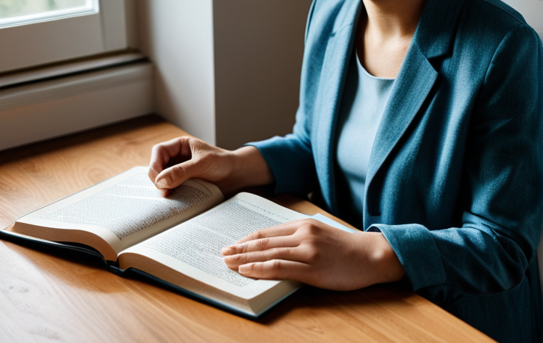 A professional individual, fully clothed in modest, comfortable attire, sitting peacefully at a clean, uncluttered wooden desk. They are holding a physical book, with a warm cup of tea beside them. Soft, natural light streams in from a window, illuminating a calm, minimalist home office. The atmosphere is serene, emphasizing quiet contemplation and focused presence. Perfect anatomy, correct proportions, natural pose, well-formed hands, proper finger count, natural body proportions. Professional photography, high-resolution, sharp focus, soft lighting, safe for work, appropriate content, fully clothed, professional, family-friendly.