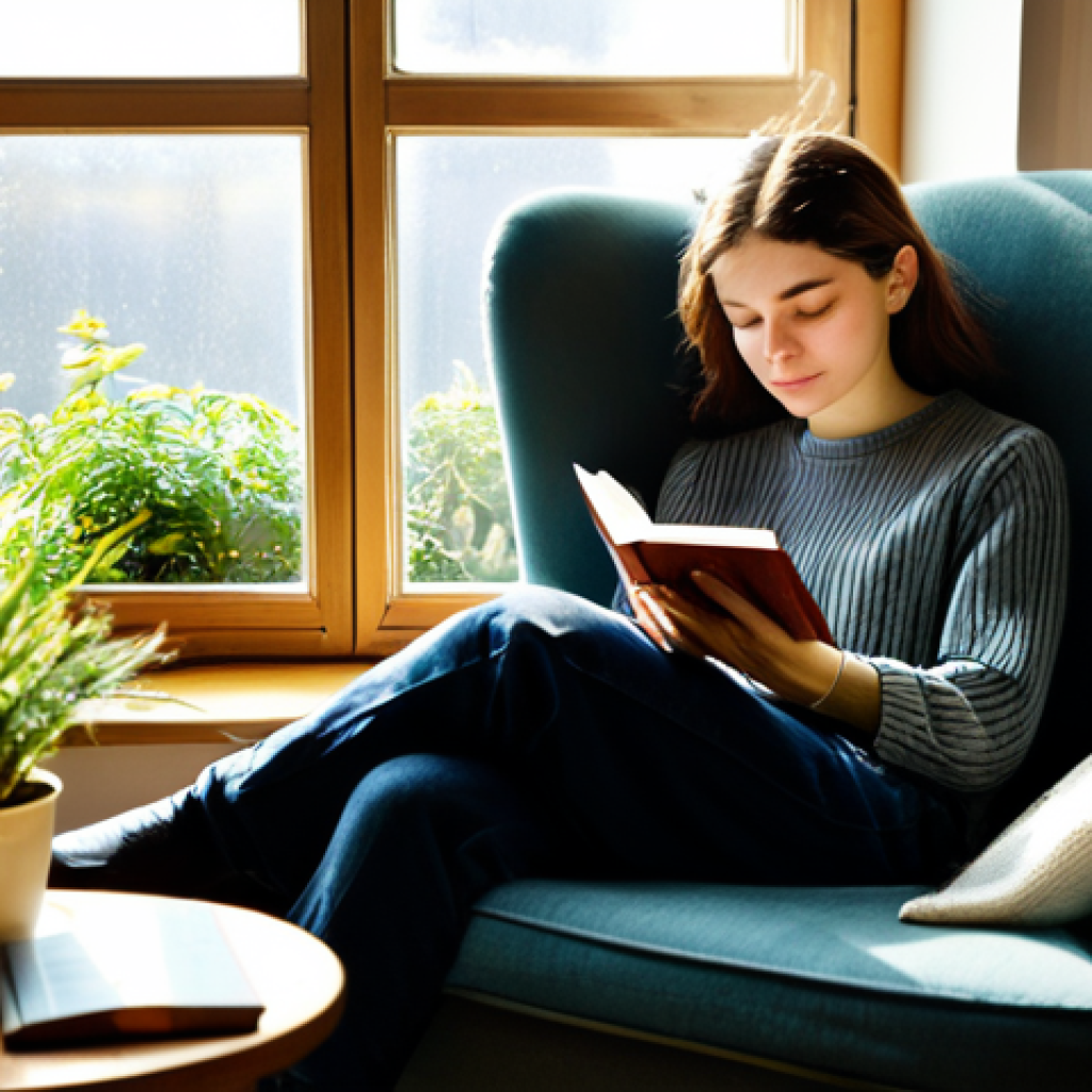 A Person Relaxing Offline**
A person reading a physical book in a cozy armchair by a window, bathed in warm sunlight, with a cup of tea on a nearby table, plants visible in the background. The scene should evoke a sense of calm and relaxation. Fully clothed, modest attire, safe for work, appropriate content, perfect anatomy, natural proportions, professional photography, high quality.
**