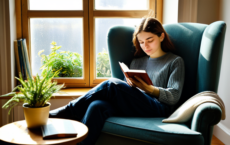 A Person Relaxing Offline**
A person reading a physical book in a cozy armchair by a window, bathed in warm sunlight, with a cup of tea on a nearby table, plants visible in the background. The scene should evoke a sense of calm and relaxation. Fully clothed, modest attire, safe for work, appropriate content, perfect anatomy, natural proportions, professional photography, high quality.
**