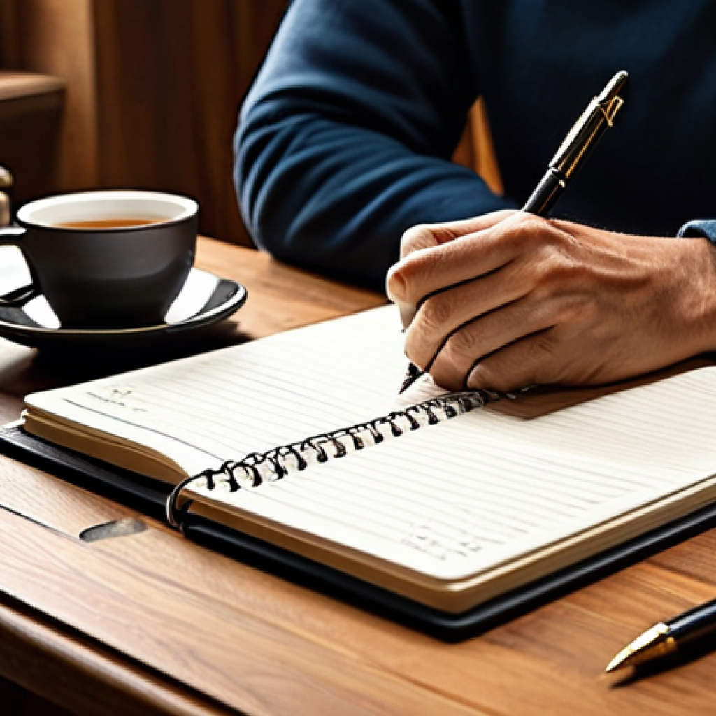 Prioritization & Planning**
"A person sitting at a wooden desk in a bright, cozy home office, writing in a physical planner with a fountain pen, surrounded by notebooks and a steaming mug of tea, fully clothed, appropriate attire, safe for work, perfect anatomy, natural pose, warm lighting, professional"
**