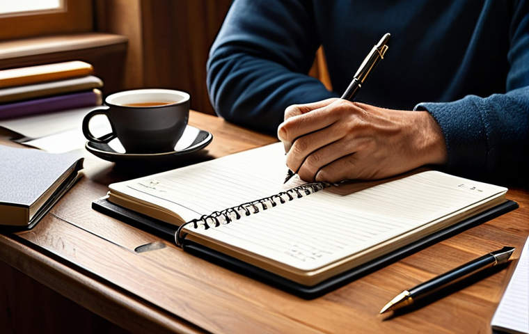 Prioritization & Planning**
"A person sitting at a wooden desk in a bright, cozy home office, writing in a physical planner with a fountain pen, surrounded by notebooks and a steaming mug of tea, fully clothed, appropriate attire, safe for work, perfect anatomy, natural pose, warm lighting, professional"
**