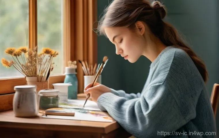 언플러그드 시간 관리의 장기적 이점 - **Prompt: Serene Artistic Focus**
    "A young woman, approximately 28 years old, with soft, natural...