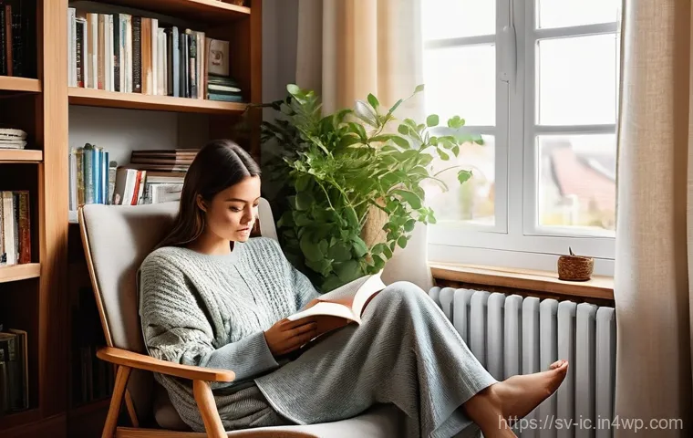 언플러그드 주간 계획 세우는 법 - **A Cozy, Unplugged Reading Nook:**
    A serene and inviting Scandinavian-style reading nook bathed...
