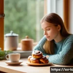 Home 21 언플러그드 시간 관리의 전략적 기초 - **Prompt:** "A cozy Swedish 'fika' scene. A young woman with light brown hair, wearing a knitted swe...