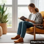 Home 19 언플러그드 시간의 긍정적 영향에 대한 연구 - A serene Swedish living room scene in the evening with soft natural lighting, showing a person in co...