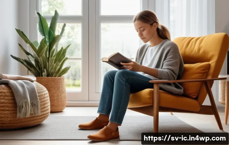 언플러그드 시간의 긍정적 영향에 대한 연구 - A serene Swedish living room scene in the evening with soft natural lighting, showing a person in co...