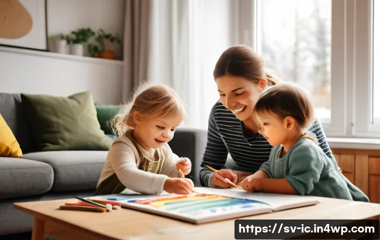언플러그드 시간 동안의 취미 활동 - A cozy family scene in a Scandinavian-style living room during a screen-free evening, where parents ...