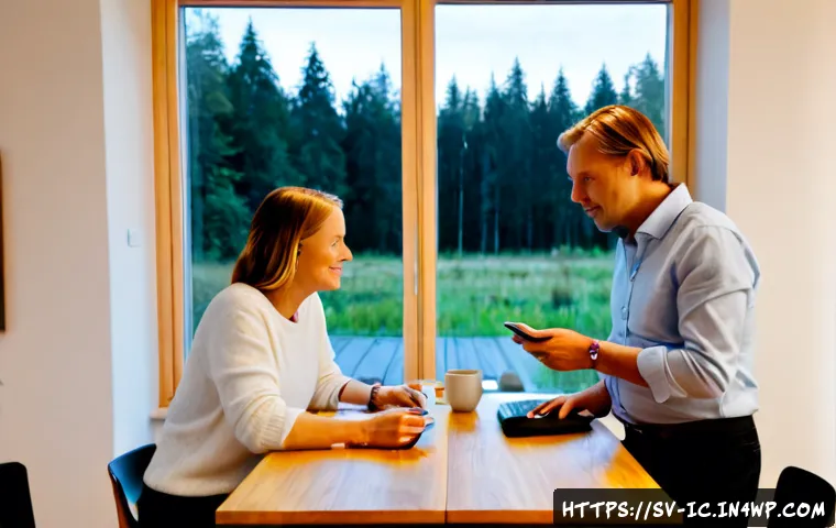 언플러그드 시간 관리와 의사소통 개선 - Photorealistic Scandinavian home office scene, Swedish couple in their 50s placing smartphones into ...